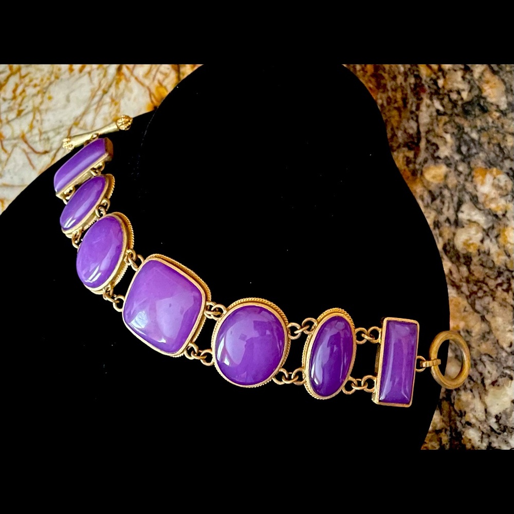 Signed Vintage Natural Stone Lavender Purple Gold Link Bracelet, 8"